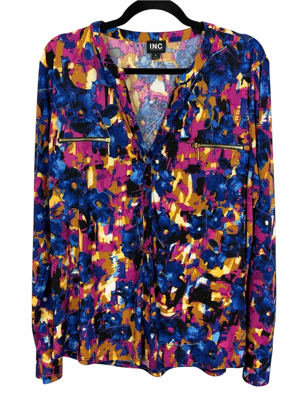 INC International Concepts Abstract Floral Zip Pocket Blouse XL Long Sleeve